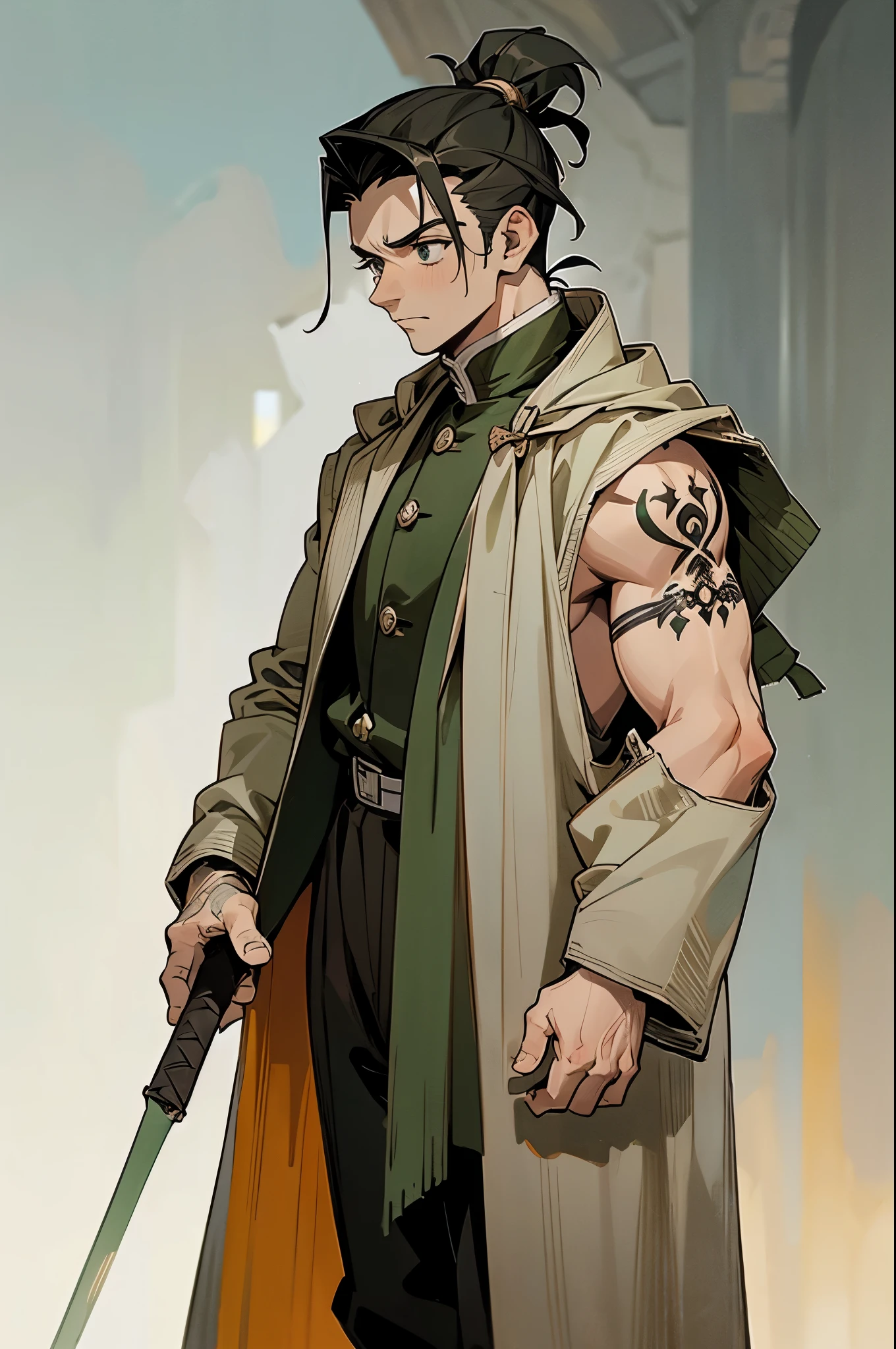 1male, dark green hair, scruffed face, slick back hair, (old medieval clothing), sleeveless clothing, giant white overcoat, tattoos, (guild hall background), detailed background, standing on path, demon slayer outfit, male, muscular,