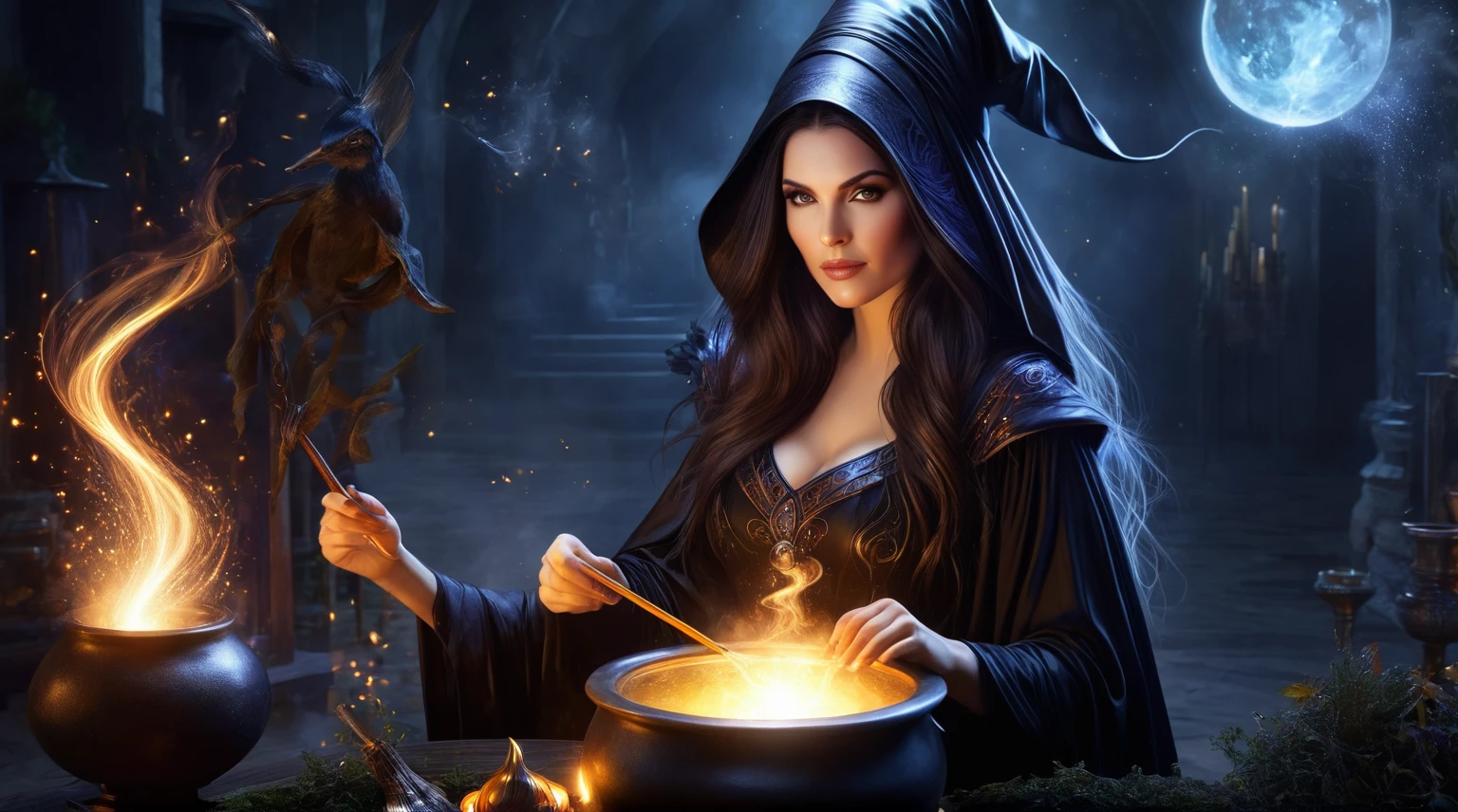 witch, who casts a spell into a cauldron with a magic wand, female magician, that conjures a spell, dark fantasy, weibliche sorceress, a beautiful sorceress, Casting magic, sorceress, Zauberer Magie witch, beautiful sorceress, portrait of a sorceress, magali villeneuve', graphic artist Magali Villeneuve, sorceress woman