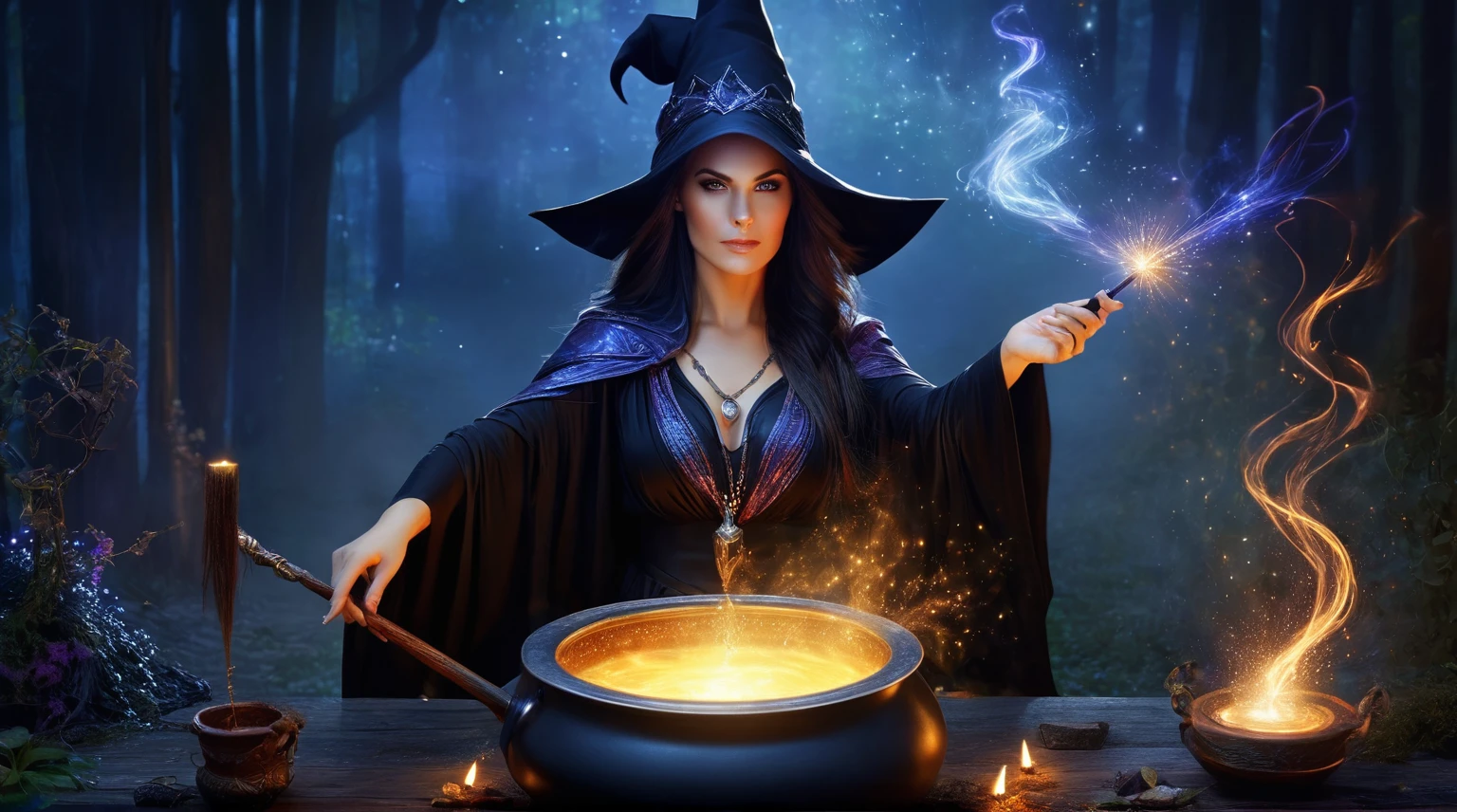 witch, who casts a spell into a cauldron with a magic wand, female magician, that conjures a spell, dark fantasy, weibliche sorceress, a beautiful sorceress, Casting magic, sorceress, Zauberer Magie witch, beautiful sorceress, portrait of a sorceress, magali villeneuve', graphic artist Magali Villeneuve, sorceress woman