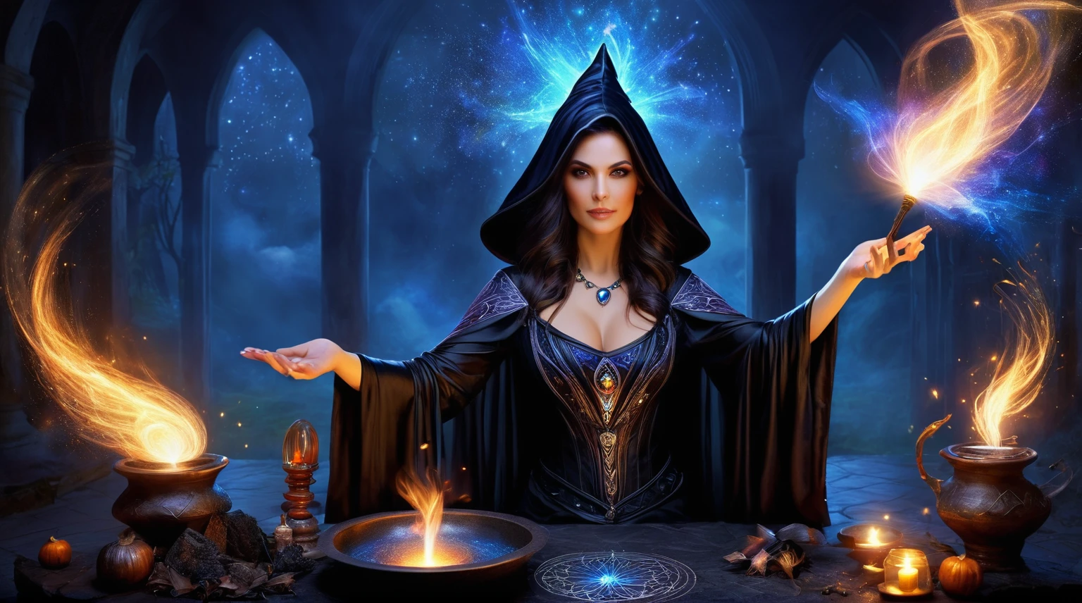 witch, who casts a spell into a cauldron with a magic wand, female magician, that conjures a spell, dark fantasy, weibliche sorceress, a beautiful sorceress, Casting magic, sorceress, Zauberer Magie witch, beautiful sorceress, portrait of a sorceress, magali villeneuve', graphic artist Magali Villeneuve, sorceress woman