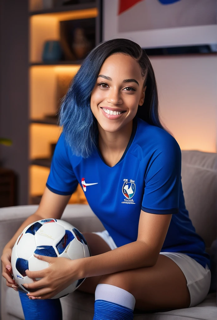 a smiling beautiful biracial woman,detailed facial features, blue light eyes,blue straight hair,wearing a france national football team jersey,sitting in living room in front of television,large breast, high quality,photorealistic,warm lighting,vibrant colors,detailed background,cinematic composition,masterpiece