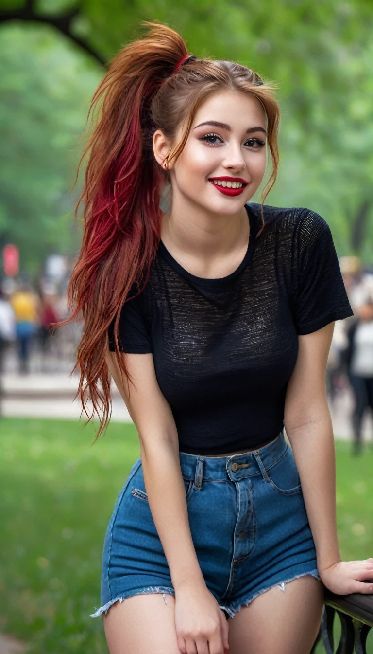 Ultra realistic high quality full length photo of a beautiful busty slim 19 year old girl from Europe with a cute hyper detailed shy face, red long disheveled hair, gathered in a ponytail, and a happy face, realistic round brown eyes, Red lips, dark eye makeup with eyeliner, Without clothing., hourglass body, outdoor shooting in central park