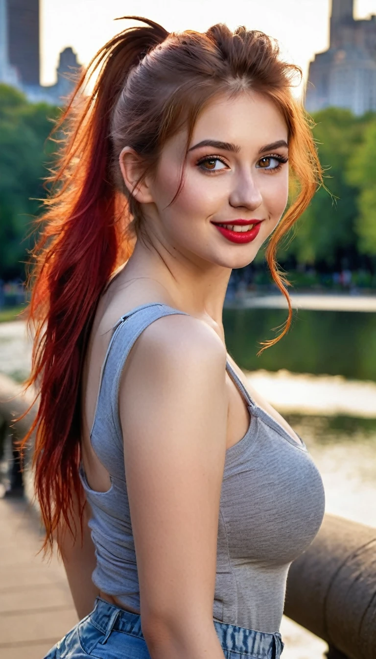 Ultra realistic high quality full length photo of a beautiful busty slim 19 year old European girl with a cute hyper detailed shy face without clothes, red long disheveled hair, gathered in a ponytail, and a happy face, realistic round brown eyes, Red lips, dark eye makeup with eyeliner, hourglass naked body, outdoor shooting in central park
