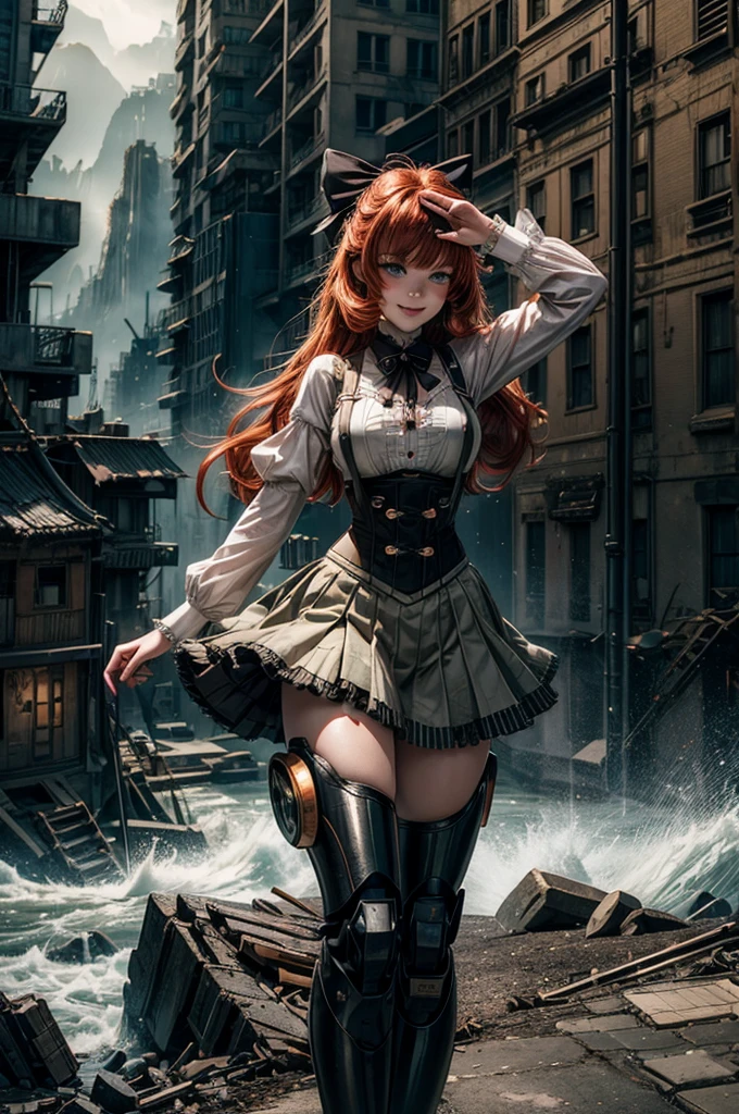 cowboy shot, (dynamic pose) smile, underbust, Penny Polendina, long red hair, neck ribbon, suspender skirt, corset, black bow, white blouse, mechanical legs, neon trim,standing in city ruins on hill, in valley, BREAK mountains in background, waterfall, crowd, (crowd in military dress), post-apocalypse, dystopian future, (volumetric lighting), intricate details, tonemapping, sharp focus, hyper detailed,