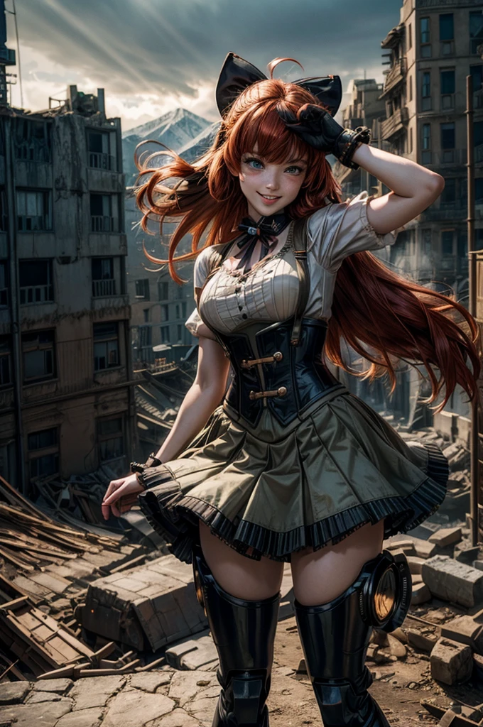 cowboy shot, dynamic pose, smile,  underbust, Penny Polendina, long hair, neck ribbon, suspender skirt, corset, black bow, white blouse, mechanical legs, neon trim, standing in city ruins on hill, in valley, BREAK mountains in background, waterfall, crowd, (crowd in military uniform), bonfires, post-apocalypse, dystopian future, (volumetric lighting), intricate details, tonemapping, sharp focus, hyper detailed, 

