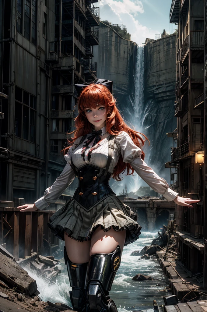 cowboy shot, (dynamic pose) smile, underbust, Penny Polendina, long red hair, neck ribbon, suspender skirt, corset, black bow, white blouse, mechanical legs, neon trim,standing in city ruins on hill, in valley, BREAK mountains in background, waterfall, crowd, (crowd in military dress), post-apocalypse, dystopian future, (volumetric lighting), intricate details, tonemapping, sharp focus, hyper detailed,