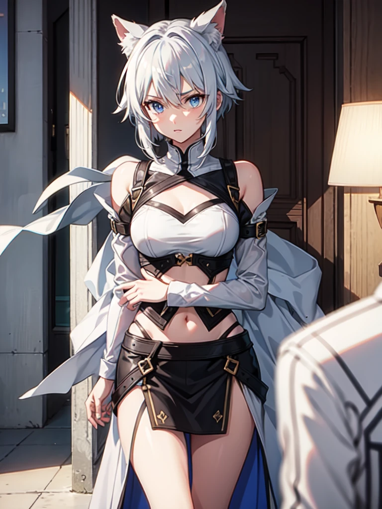 1 girl, white hair, sharp eyes, light blue eyes, bow, serious look, masterpiece, high quality, short hair, whit combat clothes