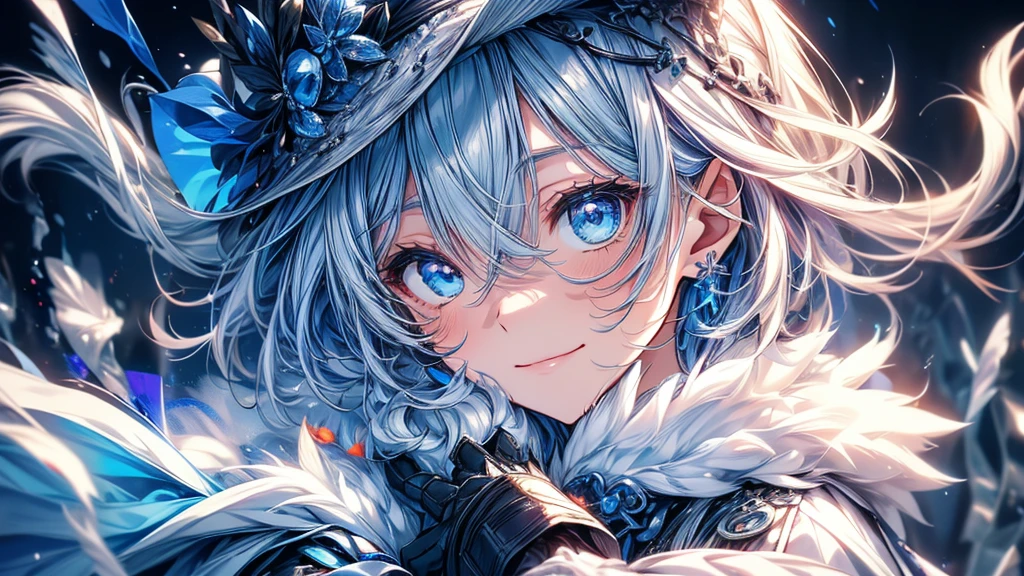 (Best Quality, 4k, 8k, High resolution, Masterpiece:1.2), ultra detailed,shading, 1 girl, Furina, SMILE, short hair, blue eye fundus, gloves, long sleeves, has, White background, hair between the eyes, jewelry, Closed mouth, blue fur, Jacket, He drowned, by white, black gloves, striped hair, comforter, Brooch, blue hats, blue gloves,by white, Upper part of the body,
