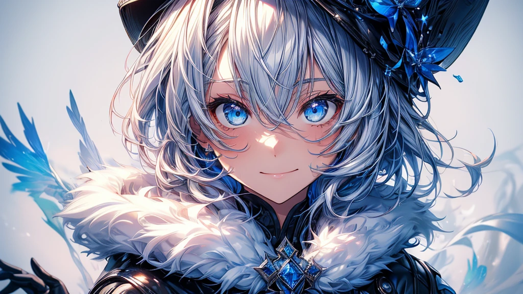 (Best Quality, 4k, 8k, High resolution, Masterpiece:1.2), ultra detailed,shading, 1 girl, Furina, SMILE, short hair, blue eye fundus, gloves, long sleeves, has, White background, hair between the eyes, jewelry, Closed mouth, blue fur, Jacket, He drowned, by white, black gloves, striped hair, comforter, Brooch, blue hats, blue gloves,by white, Upper part of the body,