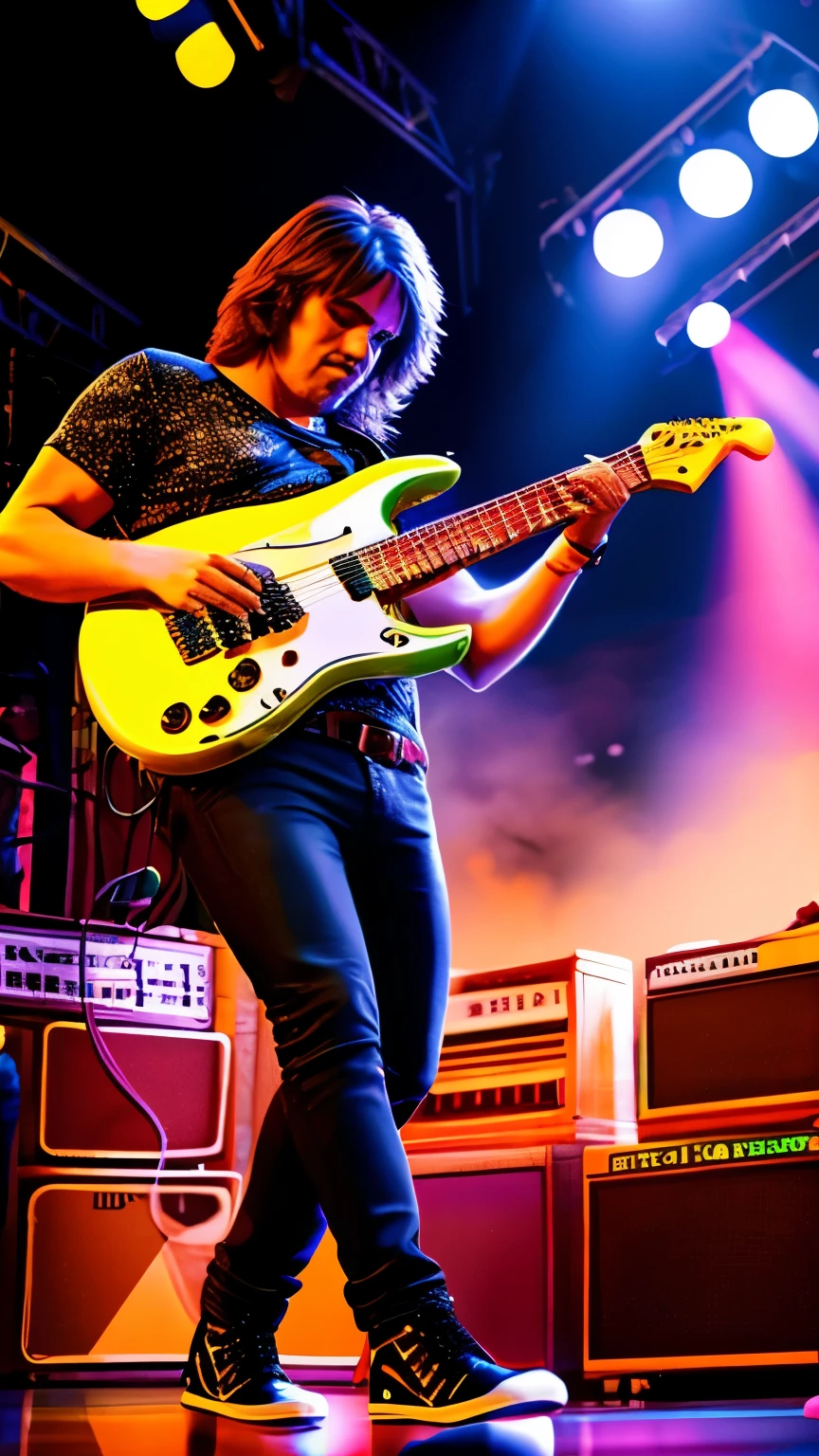 create featured jimmy handrix playing electric guitar , no palco em festival de woodstock, 8K, uhd, realisitic