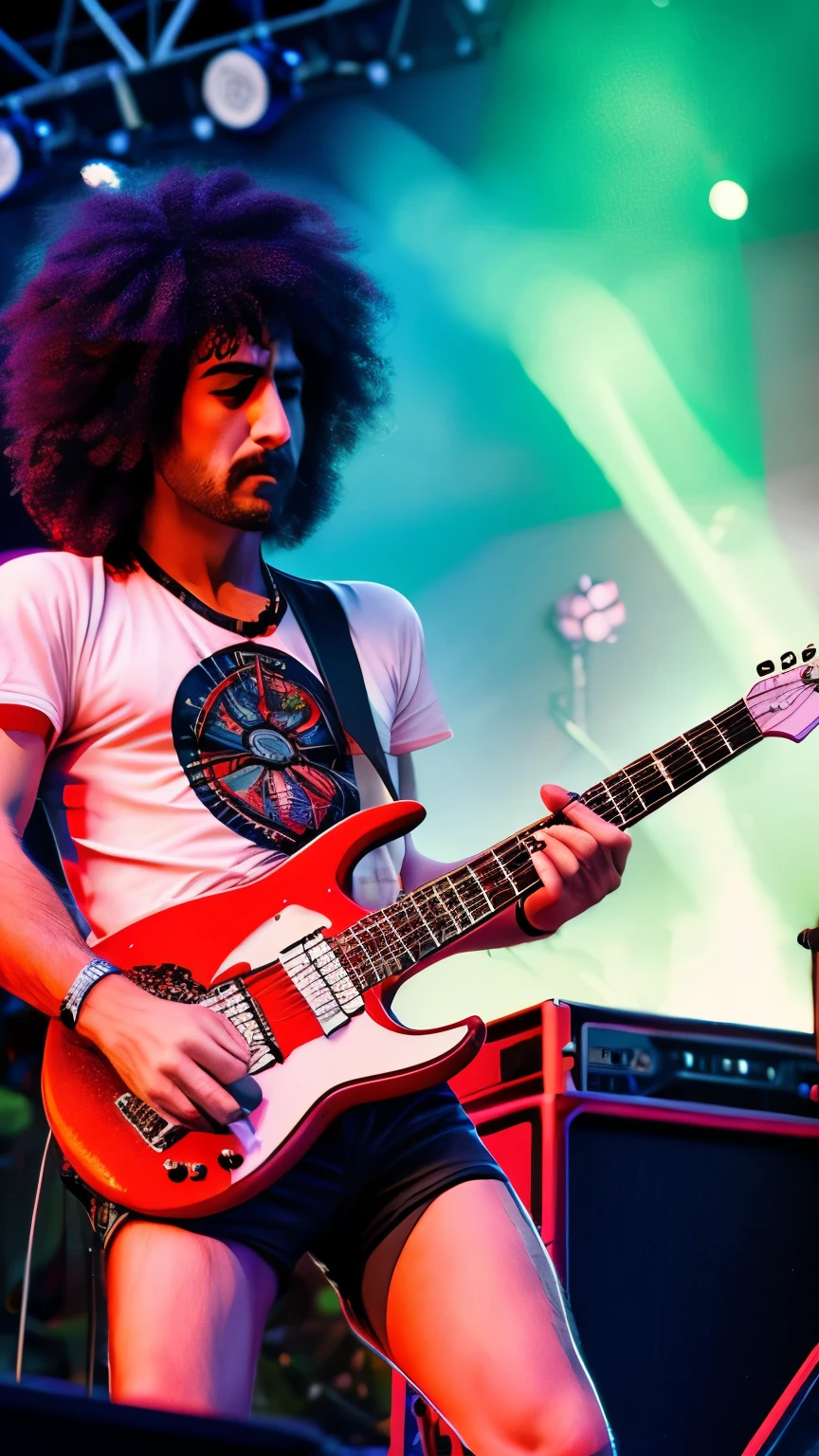 create featured jimmy handrix playing electric guitar , no palco em festival de woodstock, 8K, uhd, realisitic