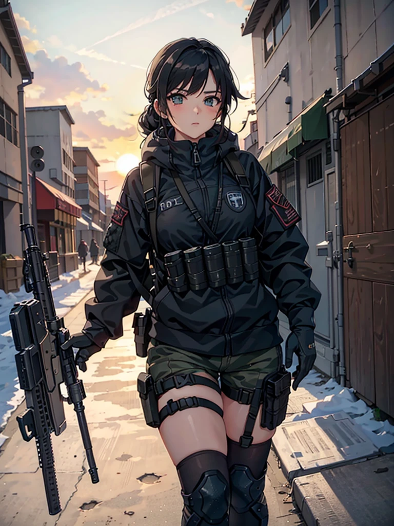 tacticool, military girl, looking off into the sunset, full military girl, large backpack, rifle, chest plate, hanna owo, Perfect face, cimimatic image, movie quality, anime, 