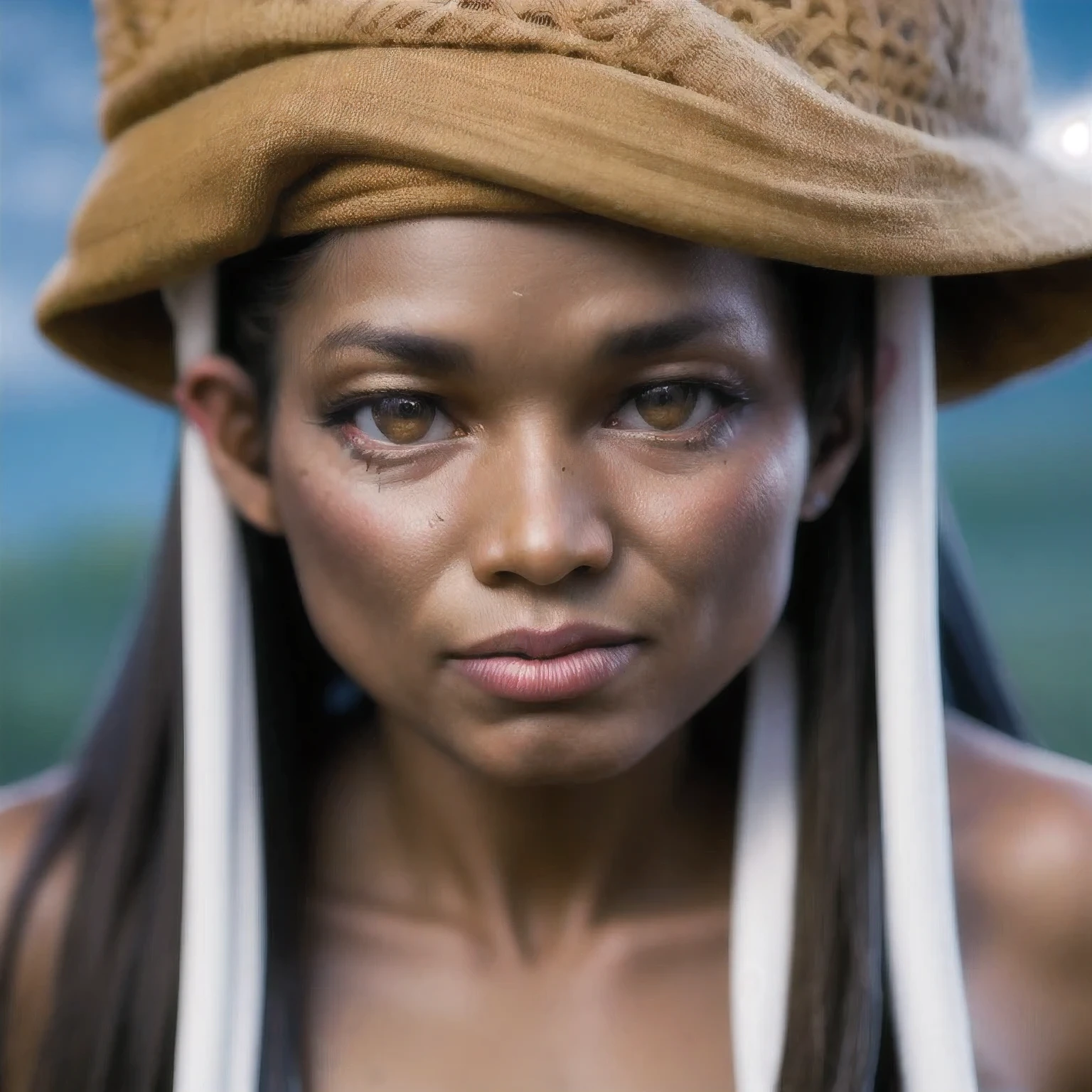 a close up of a person with white paint on their face, aboriginal capirote, aboriginal, award winning cinematic still, still from the film, new guinea mud man, songlines, still from a live action movie, still from a music video, her face is covered with mud, still from film, aboriginal australian hipster, still from nature documentary