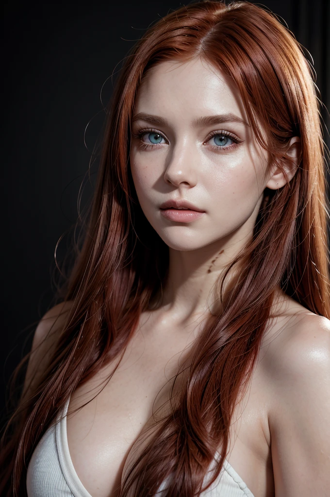 A photorealistic portrait of a 31 year old woman with long, red hair and striking light eyes. She should have a confident nature, expression. The background should be a professional backdrop, preferably dark., cinematic lighting, Nikon, best quality, highres, anatomically correct, high details