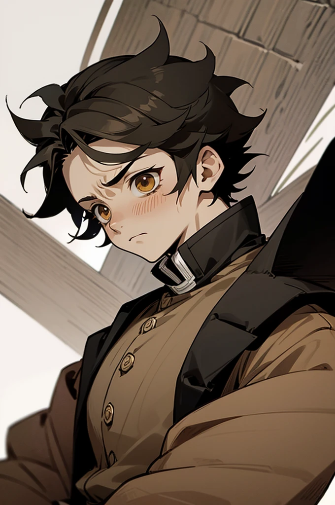 1male , Adult Male , Black Hair , Short Hair , Spiky Hair , Chihiro Hair , Brown Eyes , Brown Clothing , Tattered clothing , Sad Expression , Serious Expression , Fisher Village background , Muscular, demon slayer outfit, muscular