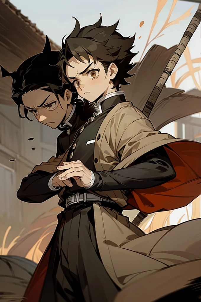 1male , Adult Male , Black Hair , Short Hair , Spiky Hair , Chihiro Hair , Brown Eyes , Brown Clothing , Tattered clothing , Sad Expression , Serious Expression , Fisher Village background , Muscular, demon slayer outfit, muscular