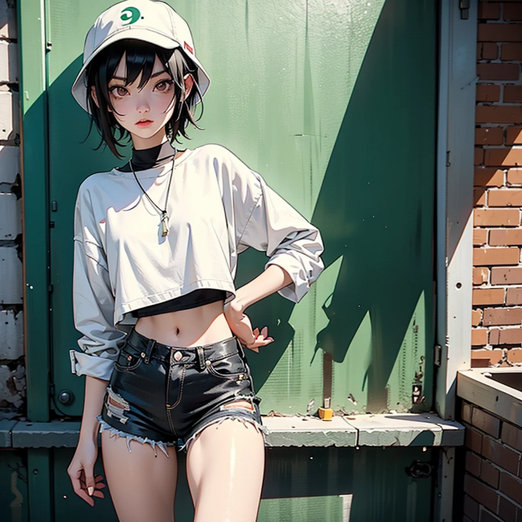 girl similar to gorillaz noodle, black short hair ((drawing)), ((anime girl nose)) ,A very thin girl, with extremely pale skin, wearing a white Bucket Hat. She is dressed in a collarless white crop top, exposing the strap of her black bikini, black tight shorts, and brown boots. She stands next to a vintage green Vespa motorcycle, holding an empty bottle. The setting is an urban alley, decorated with vibrant street art and graffiti on the brick walls. The alley is dimly lit, casting dramatic shadows and enhancing the dystopian atmosphere.