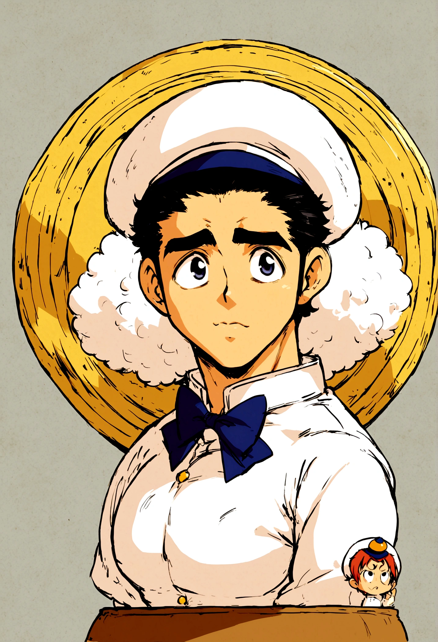 anime character with a sailor hat and bow tie on, a character portrait inspired by Fujishima Takeji, pixiv, shin hanga, milkman, (sfw) safe for work, oppai, shiro takatani, fluffy chest, male art, kentaro miura manga style, kentaro miura manga art style, anime man, marin kitagawa fanart