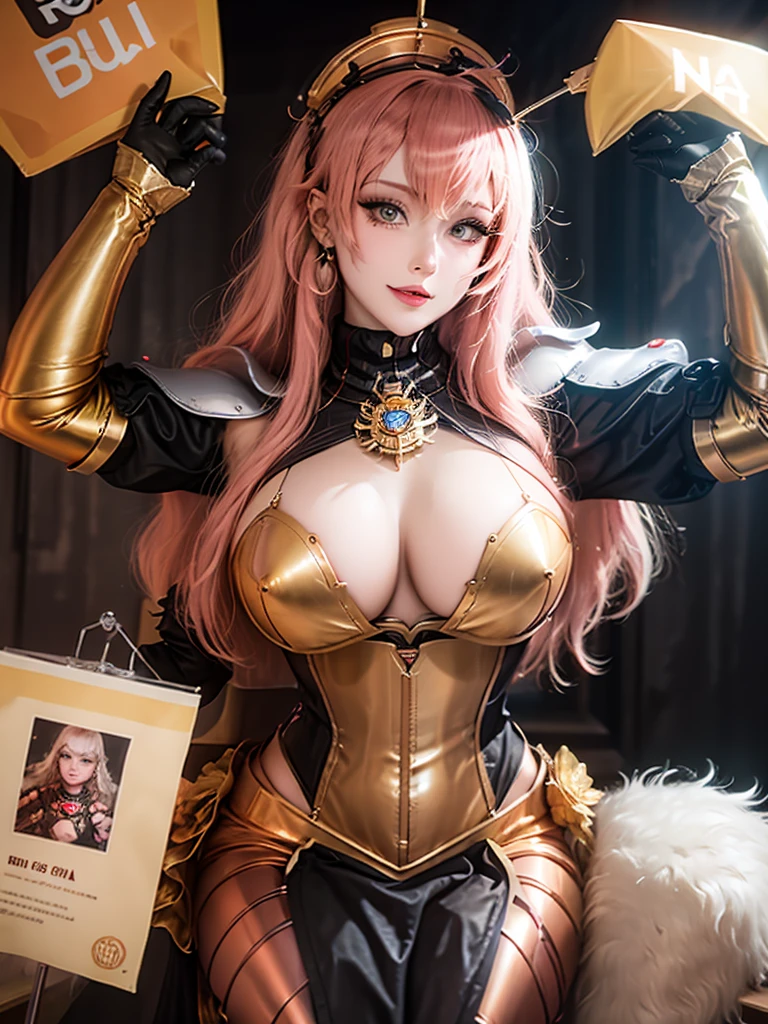 a close-up of a woman in a corset dress with a lot of people, Edwards poster art, golden and copper armor, mecha, seventies, face like exposed ester, 1 9 7 0 s living woman, keyframe, bonecapunk, gold band around the breasts, BARBARELA, metals, mechaanical, mechaanical superstructure