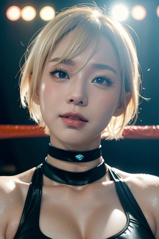 A blonde short-haired busty female wrestler is in the ring、smile、Sunburn、Wrestling Costumes、Black choker、Sweaty hair、Body wet with sweat、face painting、wwe、Diva、Asuka、Iyo Sky、Kairi Sane