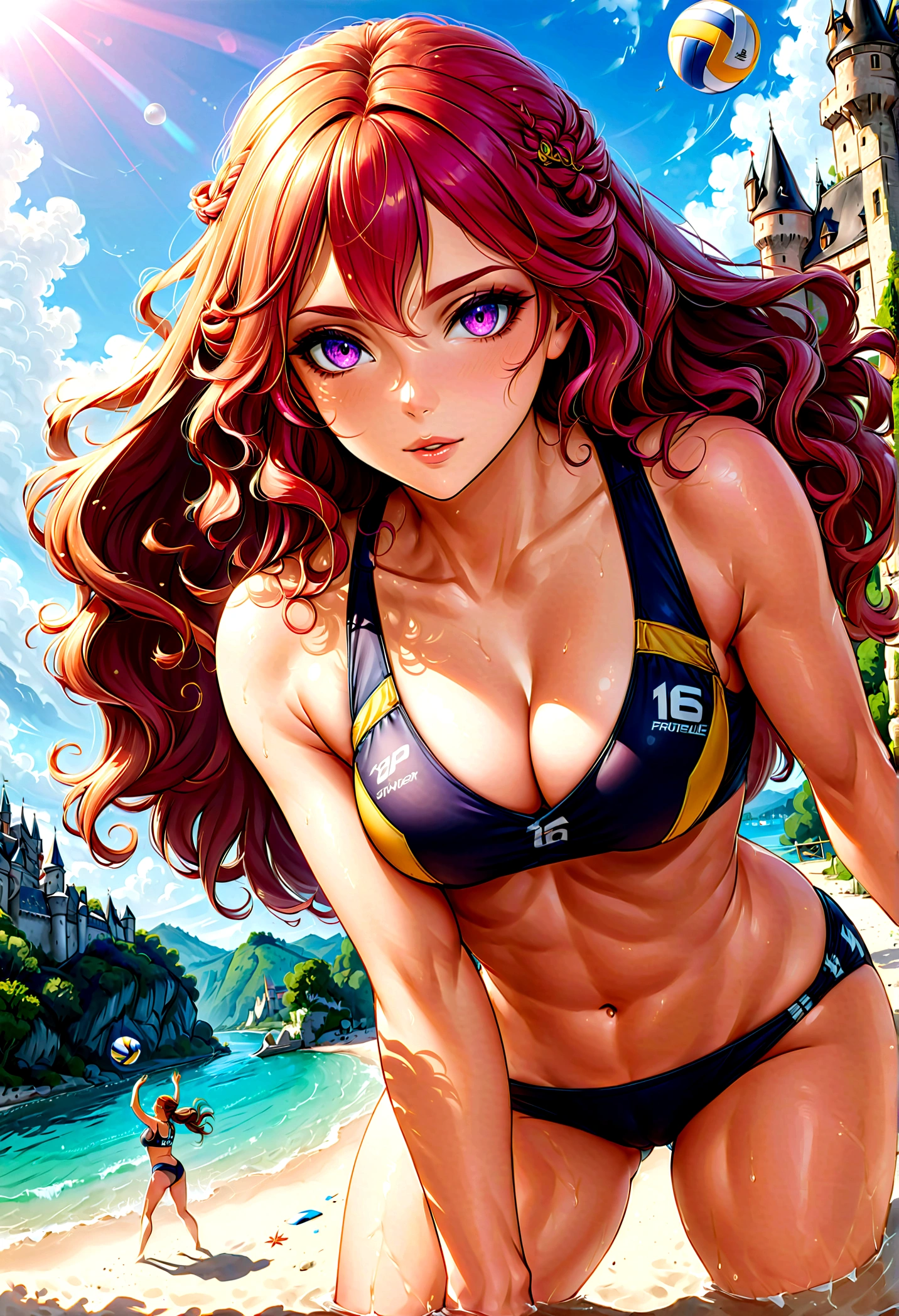 a masterful picture of a woman ((playing volleyball: 1.3)) on an on coast of the Loir river, an extraordinary beautiful renaissance woman, long hair, wavy hair, dynamic hair color, dynamic eye color, playing volley ball in a beautiful beach on the Loir river, best detailed face, a French medieval castle on the river bank in the background, wide angle, Ultra-high resolution, High Contrast, (masterpiece:1.5), highest quality, Best aesthetics), best details, best quality, highres, 16k, [ultra detailed], masterpiece, best quality, (extremely detailed), Intense gaze, chumbasket art style, 