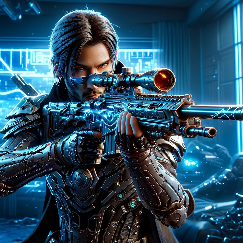 Upper body photograph of (JohnnyCyber:1.2) aiming his silver-cyberpunk sniper rifle, cyberpunk clothes with samurai design prints, (face of Keanu Reeves:1.2), (robotic-left-arm:1.3), brown pilot sunglasses, detailed face and skin, (cyberpunk-hotel-room:1.2), holographic images, strong bokeh, 16k, UHD, DSLR, insane detailed, film grain, award-winning picture, cinematic shot