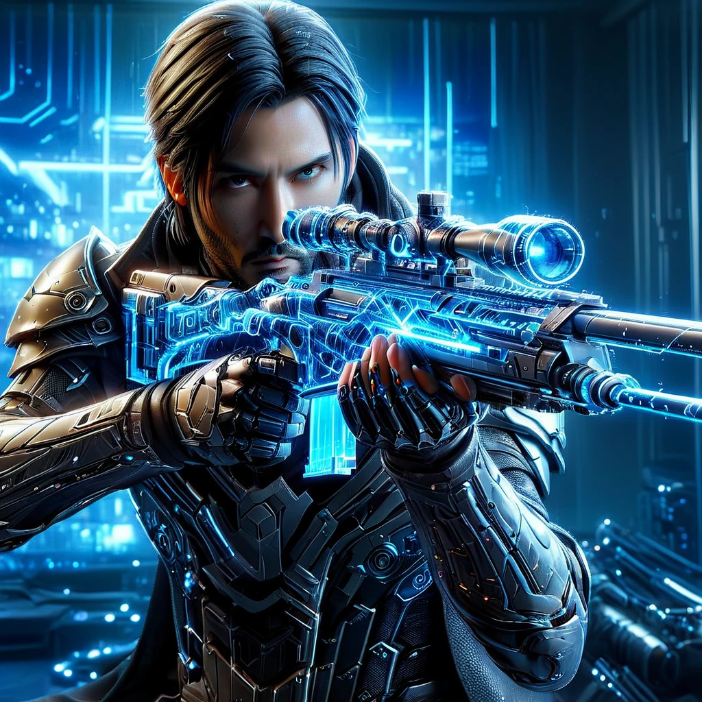 Upper body photograph of (JohnnyCyber:1.2) aiming his silver-cyberpunk sniper rifle, cyberpunk clothes with samurai design prints, (face of Keanu Reeves:1.2), (robotic-left-arm:1.3), brown pilot sunglasses, detailed face and skin, (cyberpunk-hotel-room:1.2), holographic images, strong bokeh, 16k, UHD, DSLR, insane detailed, film grain, award-winning picture, cinematic shot