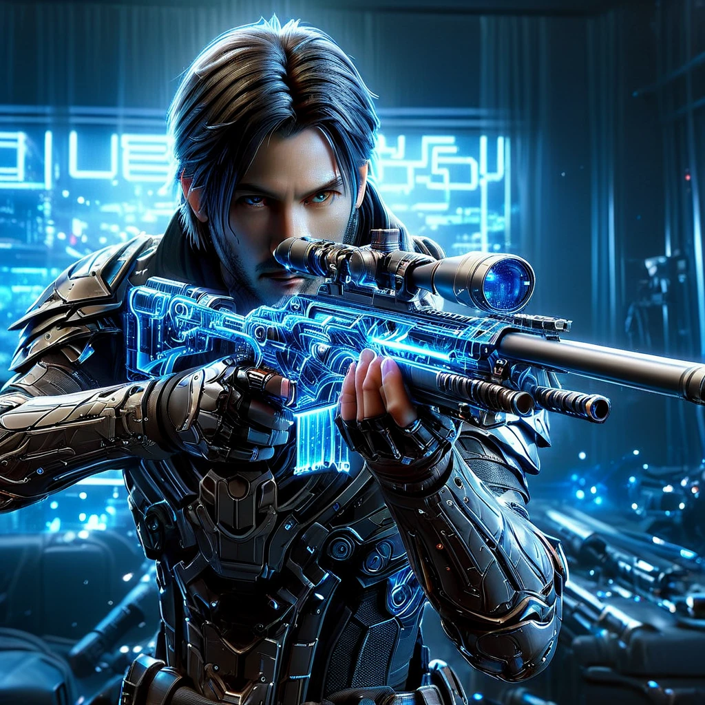 Upper body photograph of (JohnnyCyber:1.2) aiming his silver-cyberpunk sniper rifle, cyberpunk clothes with samurai design prints, (face of Keanu Reeves:1.2), (robotic-left-arm:1.3), brown pilot sunglasses, detailed face and skin, (cyberpunk-hotel-room:1.2), holographic images, strong bokeh, 16k, UHD, DSLR, insane detailed, film grain, award-winning picture, cinematic shot