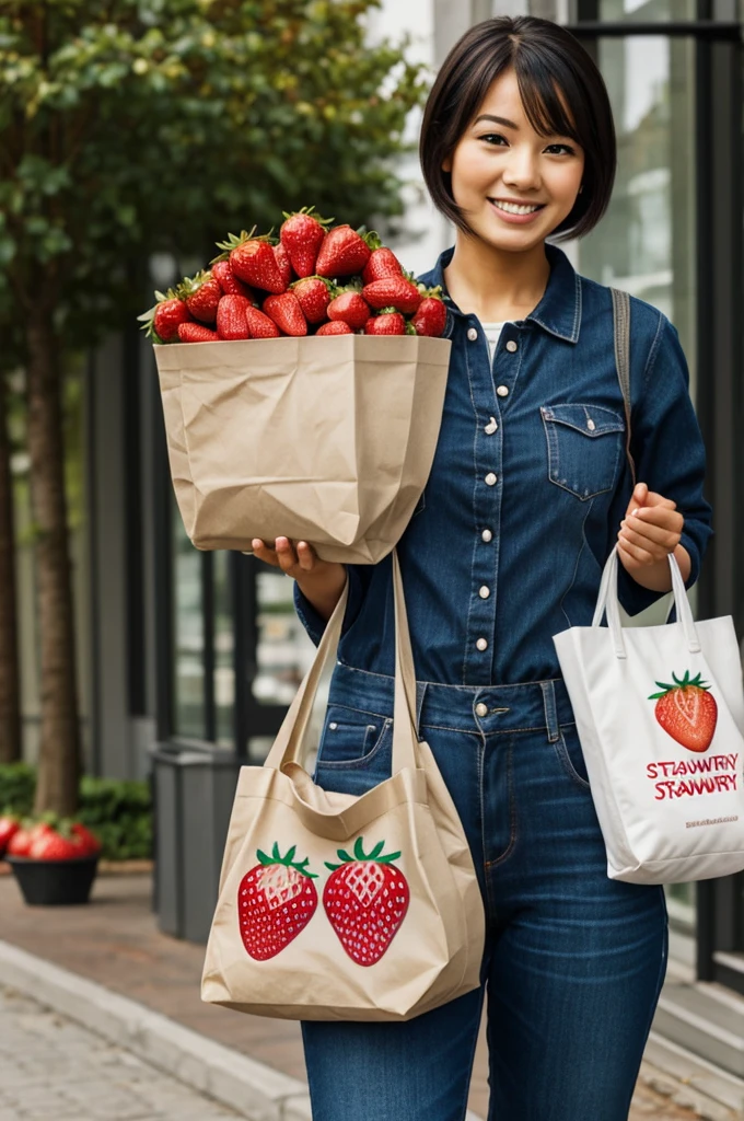 A strawberry delivers a bag to another strawberry

