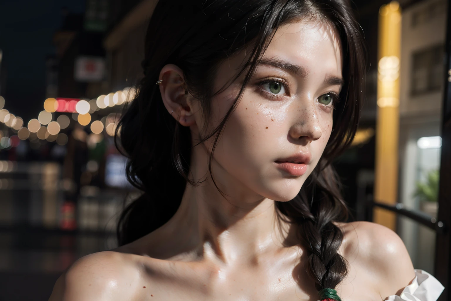 ((best quality)), ((masterpiece)), (detailed), 1girl, braided hair, alluring,
bare shoulders, very close up, night, alley, white off shoulder dress, front view,
backlighting, beautiful face, green eyes, looking forward at viewer, freckles,
closed mouth, strapless, cinematic lightning 4k, frills