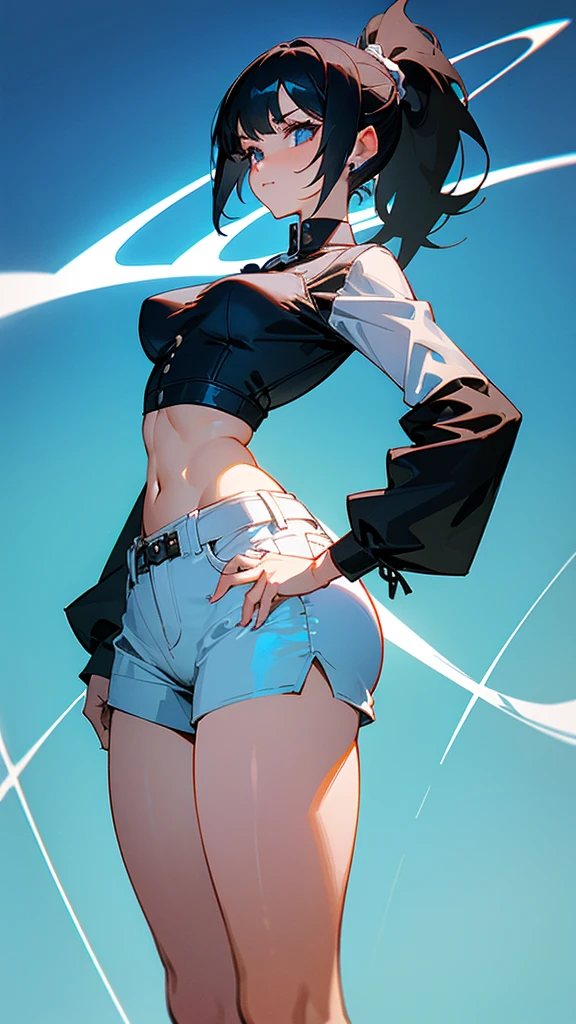 believe me a girl who has medium short black hair with a ponytail with very big legs and waist girl with very big hips and small breasts with blue mini shorts and blouse