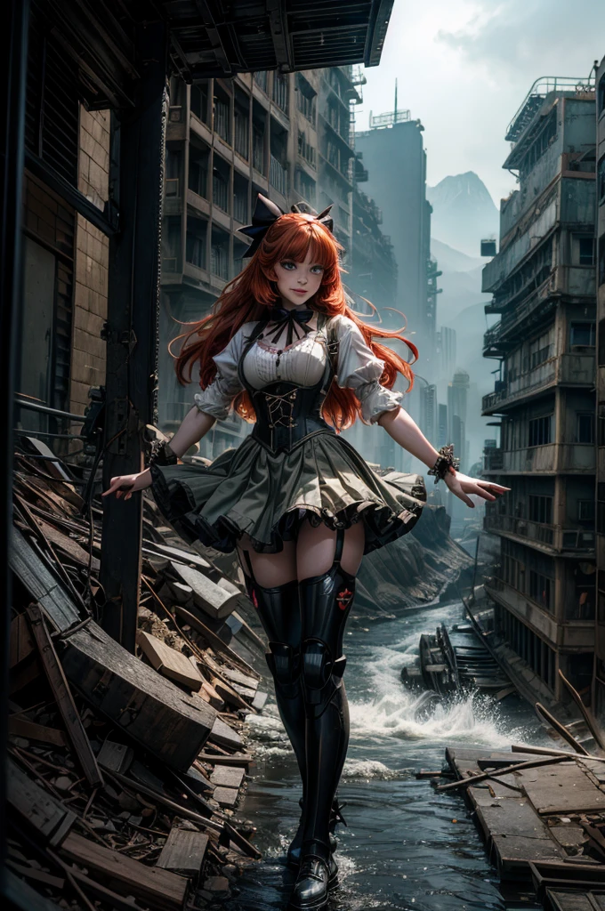 cowboy shot, (dynamic pose) smile, underbust, Penny Polendina, long red hair, neck ribbon, suspender skirt, corset, black bow, white blouse, mechanical legs, neon trim,standing in city ruins on hill, in valley, BREAK mountains in background, waterfall, crowd, (crowd in military dress), post-apocalypse, dystopian future, (volumetric lighting), intricate details, tonemapping, sharp focus, hyper detailed, 