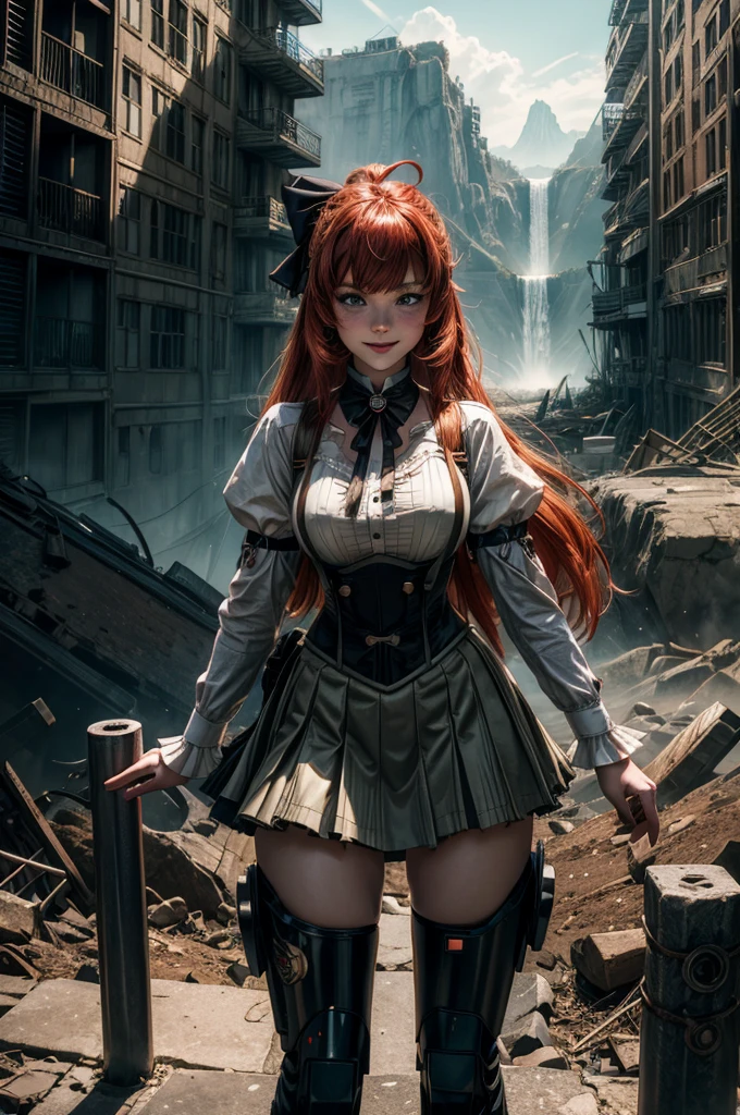 cowboy shot, (dynamic pose) smile, underbust, Penny Polendina, long red hair, neck ribbon, suspender skirt, corset, black bow, white blouse, mechanical legs, neon trim,standing in city ruins on hill, in valley, BREAK mountains in background, waterfall, crowd, (crowd in military dress), post-apocalypse, dystopian future, (volumetric lighting), intricate details, tonemapping, sharp focus, hyper detailed,