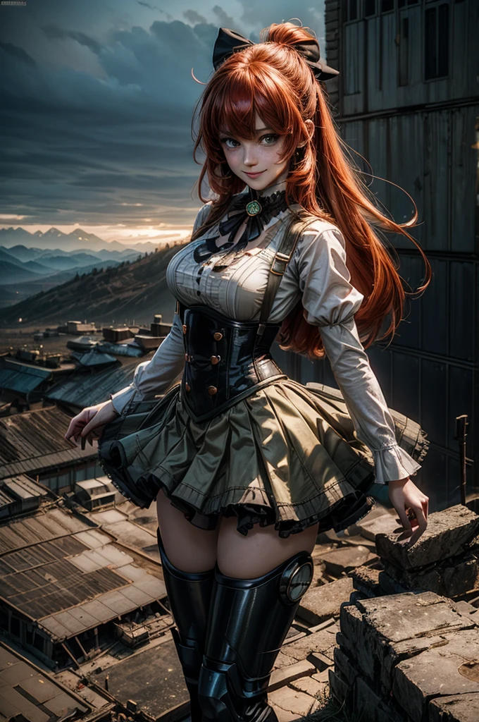 cowboy shot, (dynamic pose) smile, underbust, Penny Polendina, long red hair, neck ribbon, suspender skirt, corset, black bow, white blouse, mechanical legs, neon trim,standing in city ruins on hill, in valley, BREAK mountains in background, waterfall, crowd, (crowd in military dress), post-apocalypse, dystopian future, (volumetric lighting), intricate details, tonemapping, sharp focus, hyper detailed, 