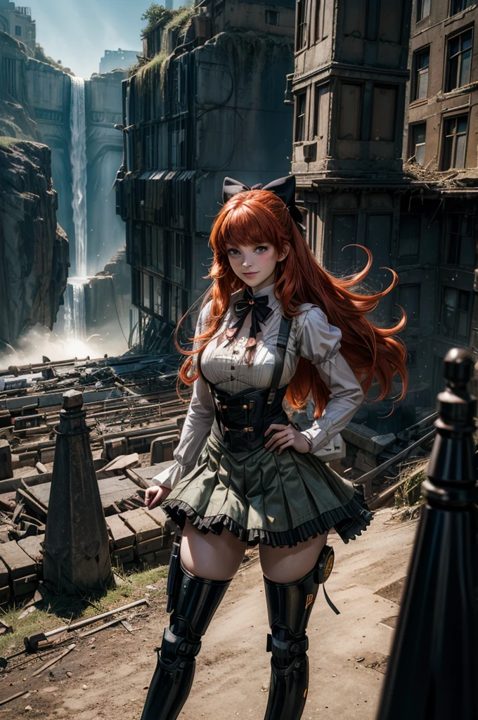 cowboy shot, (dynamic pose) smile, underbust, Penny Polendina, long red hair, neck ribbon, suspender skirt, corset, black bow, white blouse, mechanical legs, neon trim,standing in city ruins on hill, in valley, BREAK mountains in background, waterfall, crowd, (crowd in military dress), post-apocalypse, dystopian future, (volumetric lighting), intricate details, tonemapping, sharp focus, hyper detailed,