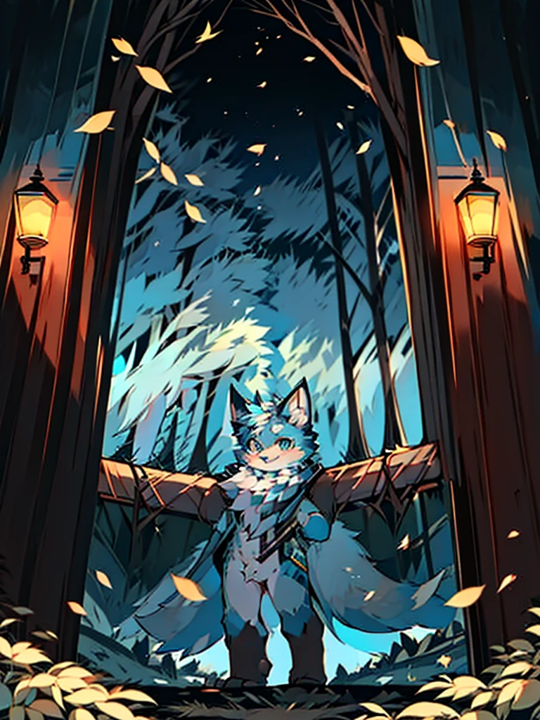 Anime style fox with blue eyes and black tail, Фолсен Art, Very high quality, Furry Art, очень милый Furry Art, blue furry, anime style, маленький blue furry, against the backdrop of falling leaves in autumn in a park without people