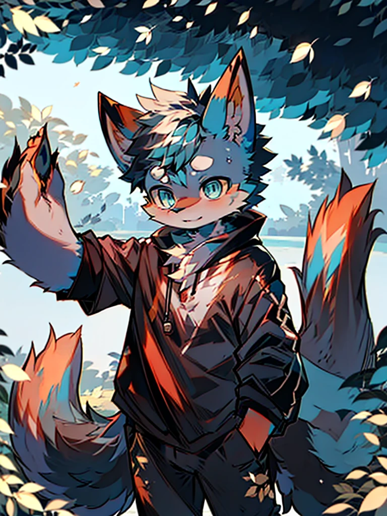 Solo,1 ,anthro,Furry_Male,Fox_Boy,(Red_fur:1.3),(Detailed_Fluffy_fur),(Intricate_detail_Fluffy_fur),tuft,(Body_fur:1.2),oil_skin,(skin_with_Fluffy_fur),Shorts,Hoodie, The upper part of the body_Body_Close-up,cowbow_Shot,Half-closed_Eyes,face expressionless,rough breath,Looking_at_peeping at the viewer。 (cozily_Childhood_hides:1.5),In the daytime(Detailed_Background,Amazing_Background),exteriors,scenecy,Male wolves, Boy, Cyan fur, A fluffy tail, Red and black cross haircards, A sea of flowers on the other side, Lake, An expressionless face, Silence, Gold and cyan eyes, Covered in fluffy hair, naked, Colar with bells, Two small sharp corners in white, A scar with stitches on one ear