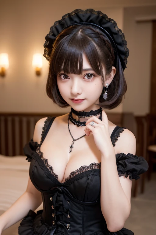 girl, White skin, ((Dark brown short tiered hair)), V cut with layers and bangs, Brown eyes, Soft atmosphere characteristics (Highest quality, Ultra-high resolution, 8K, RAW Photos, Ultra-high resolution: 1.2, masterpiece: 1.3), (Realistic, Realistic: 1.37), Very detailed, Professional Lighting, Photon Mapping, Radio City, 物理ベースレンダring, One Girl, （18 year old high school girl）, Sharp focus:1.2、Beautiful woman:1.2,cute, Nice, Adorable, smile, Normal chest, Cross Necklace、Earrings、ring,(Cleavage)、Gothic ta Fashion, (((ピンクと黒のGothic Loliashion, ))),Lolita Fon,Belly button、((Dark brown short hair))、Cafe、parfait、Tea cup、(Black gothic embellished corset, Pink lace bra, Black string bread)、