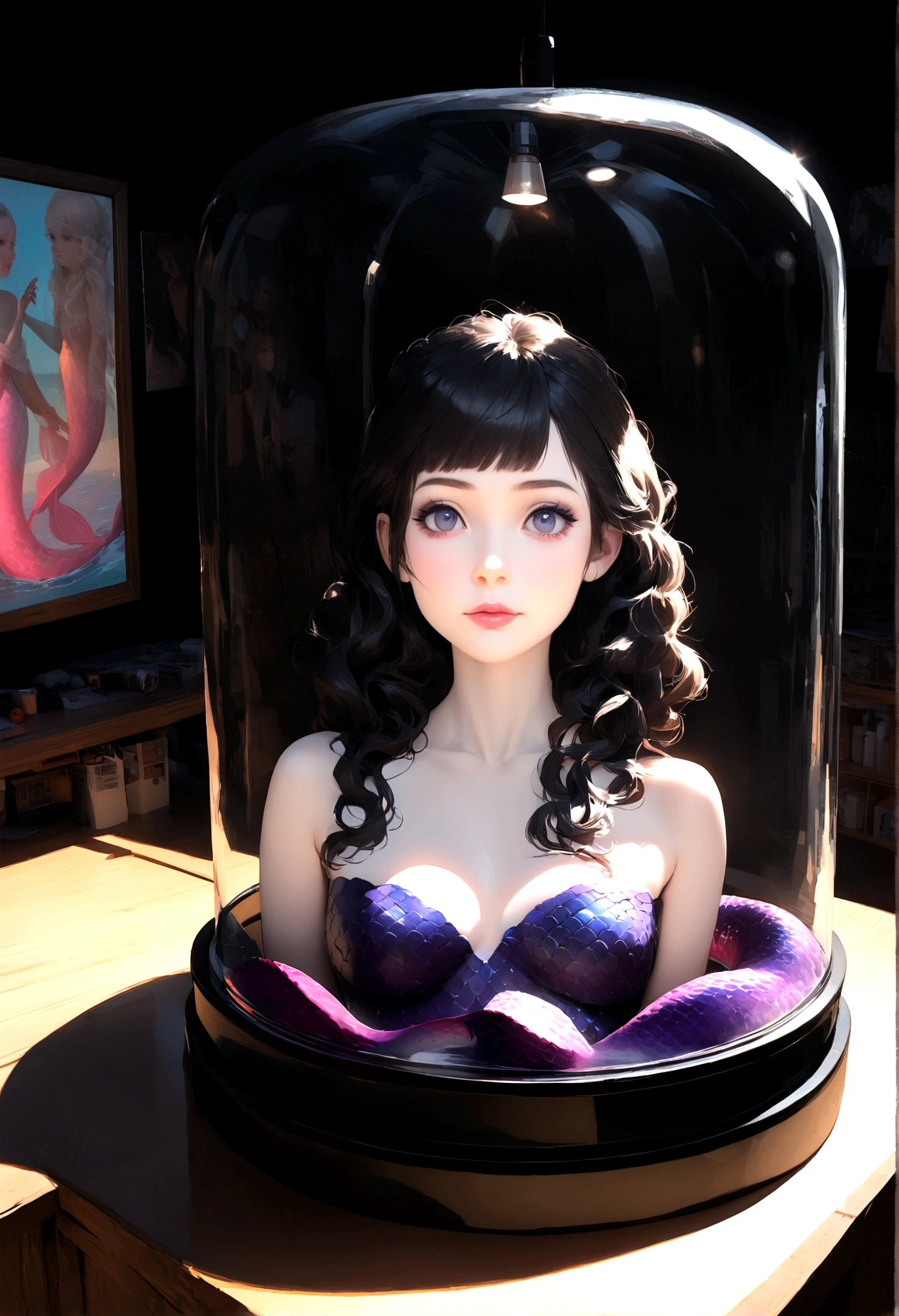 (Frontal focus), (in dark:1.6), Hyper-realistic portrait of a woman by David Hockney and Alphonse Mucha, Fantasyart, photo realist, dynamic lighting, art station, posters, volumetric lighting, Very Detailed Faces, 4K, awardwinning, 1 girl, in dark, scientific research dark room, deep shadow, sitting inside a large glass box with water, long black hair wavy ends, eyes browns, pale skin, mermaid, full, pale lips, lilac scales only on the cheeks and naked from the waist up, cauda lilac scales