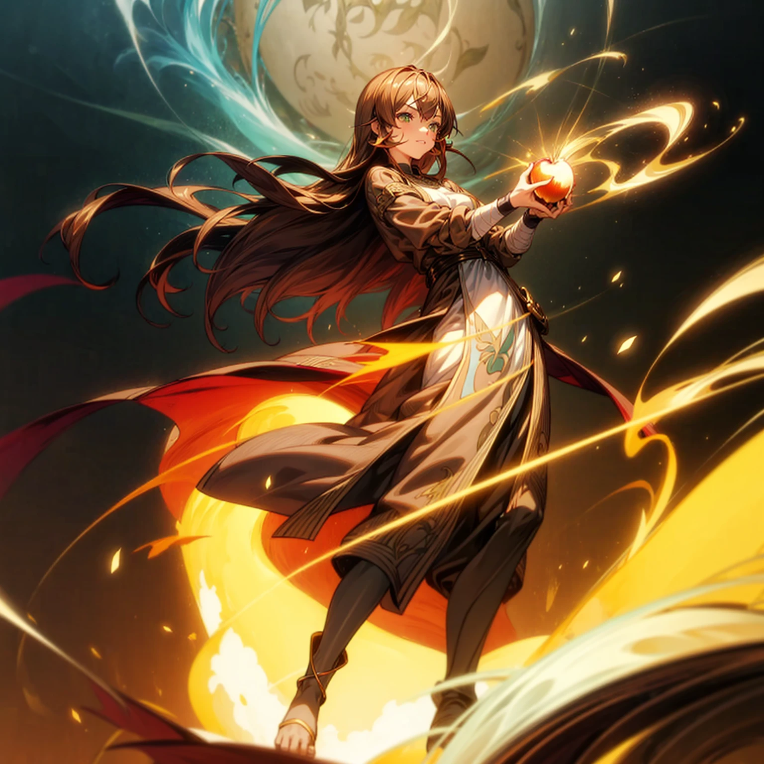 1girl, Full body version, 1character, adult version, green colour eyes, long haircut, brown colour hair, Happy expression, Bandage on his hand, medieval style clothing, gold Apple in hand, background in town, motion blur, aura effect, lighting gold Apple, smoke aura in hand, (pokemon style art)