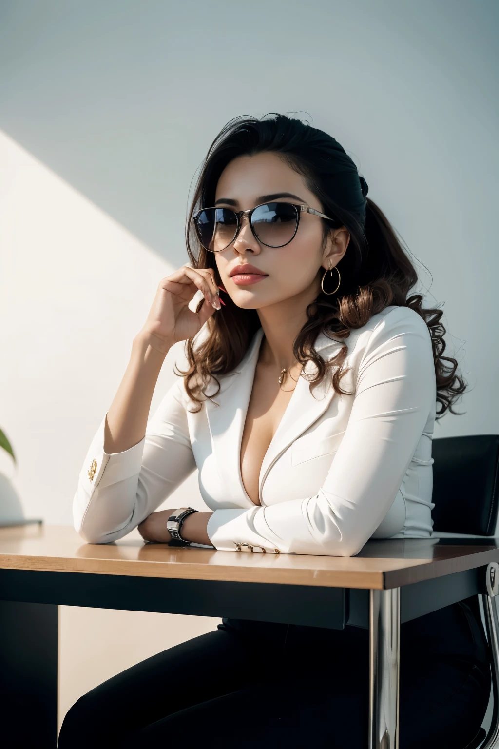 (Brazilian woman), (businesswoman); (minimalist background); (desk); (representative); (sunglasses); (human); (serious clothes); (realist); (Photograph); (portrait);