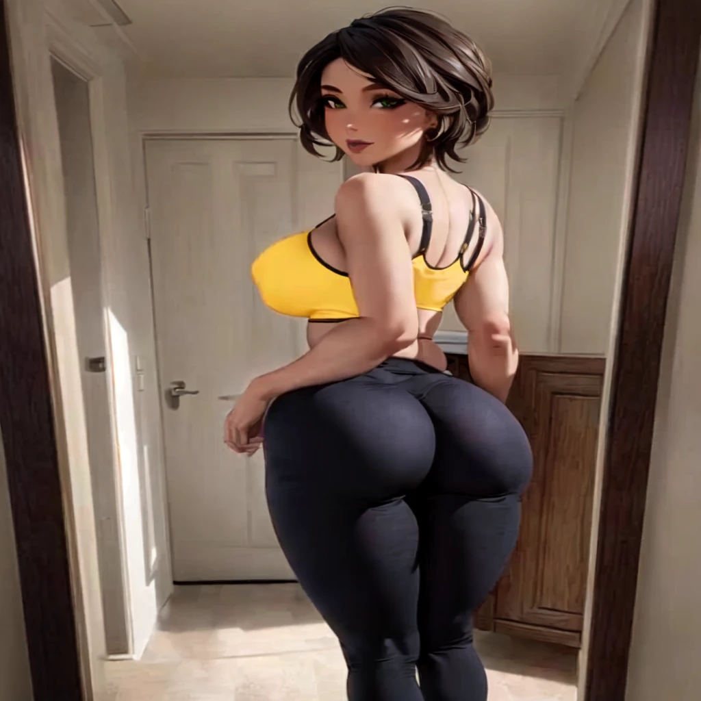 a close up of a woman in tight black pants and a yellow top, thick thigs, thicc, tight attire, tight outfit, looking from behind, toned derriere, good hips and long legs, better known as amouranth, tight fit, big booty, thick, bending over, insanely inflated hips, character is in her natural pose
