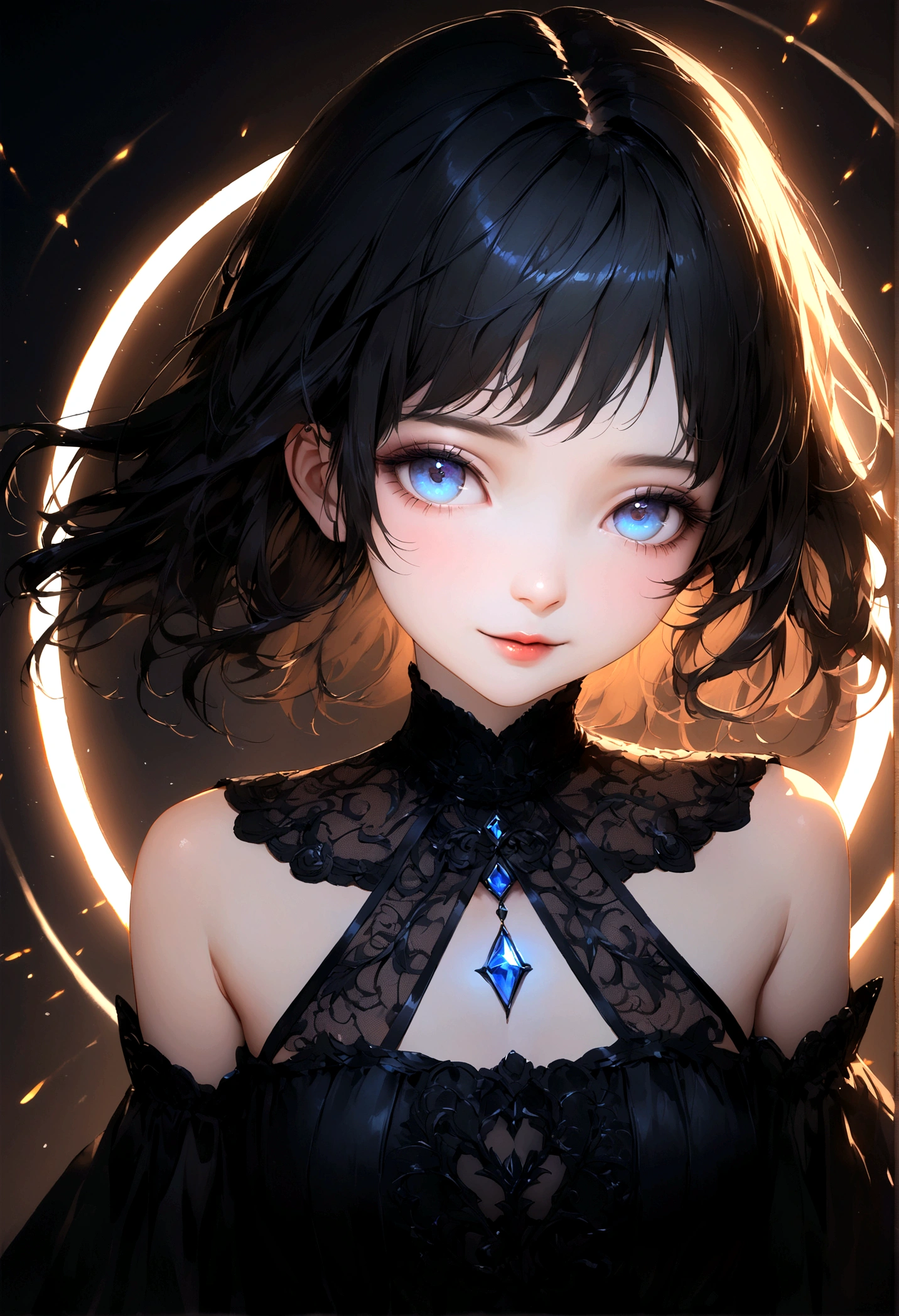 Very sexy and seductive small black lingerie.............................:1.2, looking to the camera, cinematic lighting, perfect, Luz outfit, high resolution skin:1.2, realistic skin texture, beautiful girl、a small face、without makeup、, off the shoulders,bust cup b、small neckline, Blue eyes, very black hair on my shoulders, dark black hair、son、neutral background , looking straight at the target and with a nice and pleasant smile