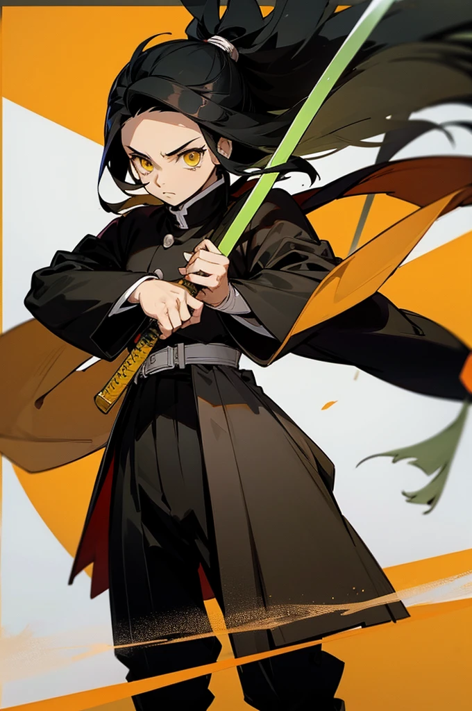 Young Adult, Male, Black Hair, poncho, One sword in Hand the other on back, sheathe, grassland background, Yellow eyes, Fighter Clothing, Masterpiece Quality, Perfect Generation. demon slayer outfit, lean build