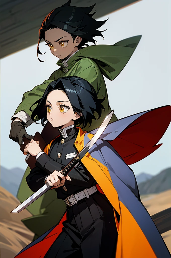 Young Adult, Male, Black Hair, poncho, One sword in Hand the other on back, sheathe, grassland background, Yellow eyes, Fighter Clothing, Masterpiece Quality, Perfect Generation. demon slayer outfit, lean build