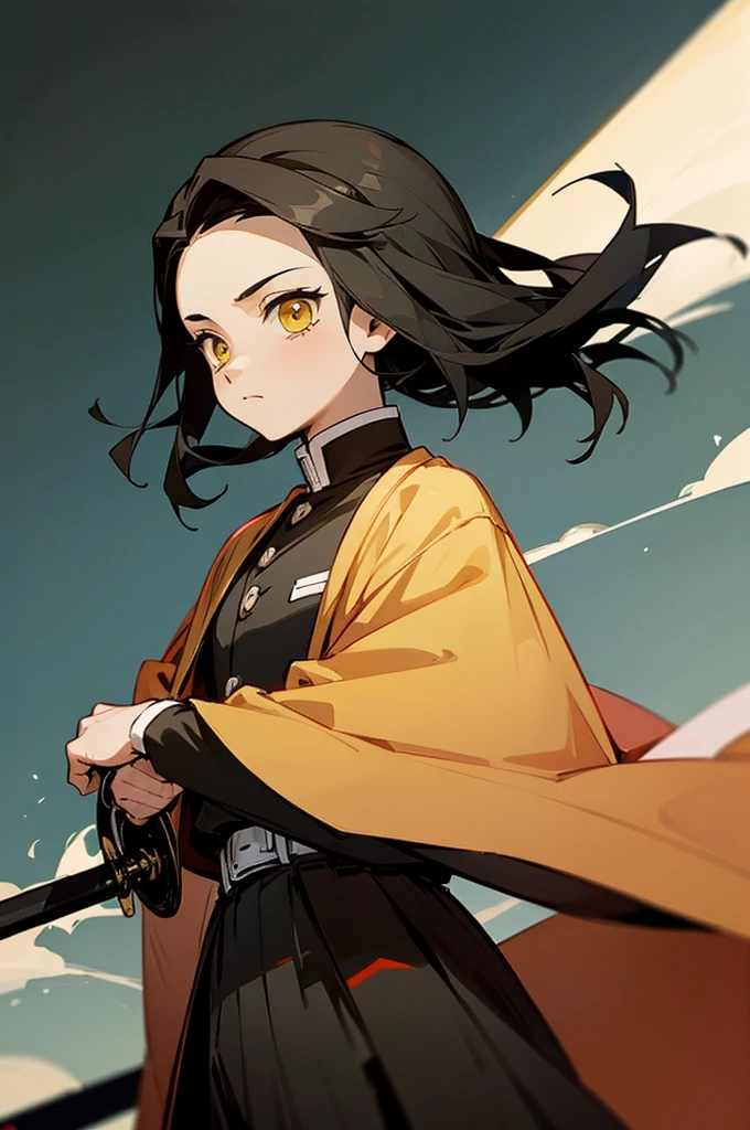 Young Adult, Male, Black Hair, poncho, One sword in Hand the other on back, sheathe, grassland background, Yellow eyes, Fighter Clothing, Masterpiece Quality, Perfect Generation. demon slayer outfit, lean build