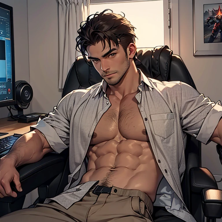 1 guy in open shirt, in gaming chair, plays video games on computer. Room is dark. semi-realism, 1guy, masculine, toned male, nice hands, perfect hands. facing toward computer, nice hands, perfect hands, dark hair ((Strong men's:1.3)),((black hair:1.3)),(Shiny marble eyes:1.45),(NSFW:1.15),((very short hair:1.2)),(A lustrous, soft face:1.4),((blush、Mischievous Smile、Excited face:1.2)),((head down:1.3)),((hand to own mouth:1.5)),((Short sleeve:1.3)),(black、yellow、white、pink),((beautiful image:1.2)),((high Quality:1.2)),((perfect pixiv:1.2)),upper body