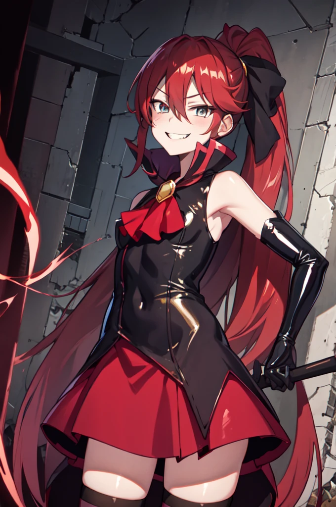 Highest quality, masterpiece, One Girl,Not beautiful, Red Ponytail, Long dress, brooch, Hair Ribbon, - Elbow hand pockets, Black knee socks, Standing on the rubble, (Wicked Smile:1.1), ,,Dark shadowed face,Sadistic smile,Malice,Contempt,smile,latex,Bad face,,Red Skirt,two hands,two legs,five fingers,evil background,elbow gloves,latex, Wicked Smile, devilish aura (Shiny fabric:1.5),Dark world background,独奏,