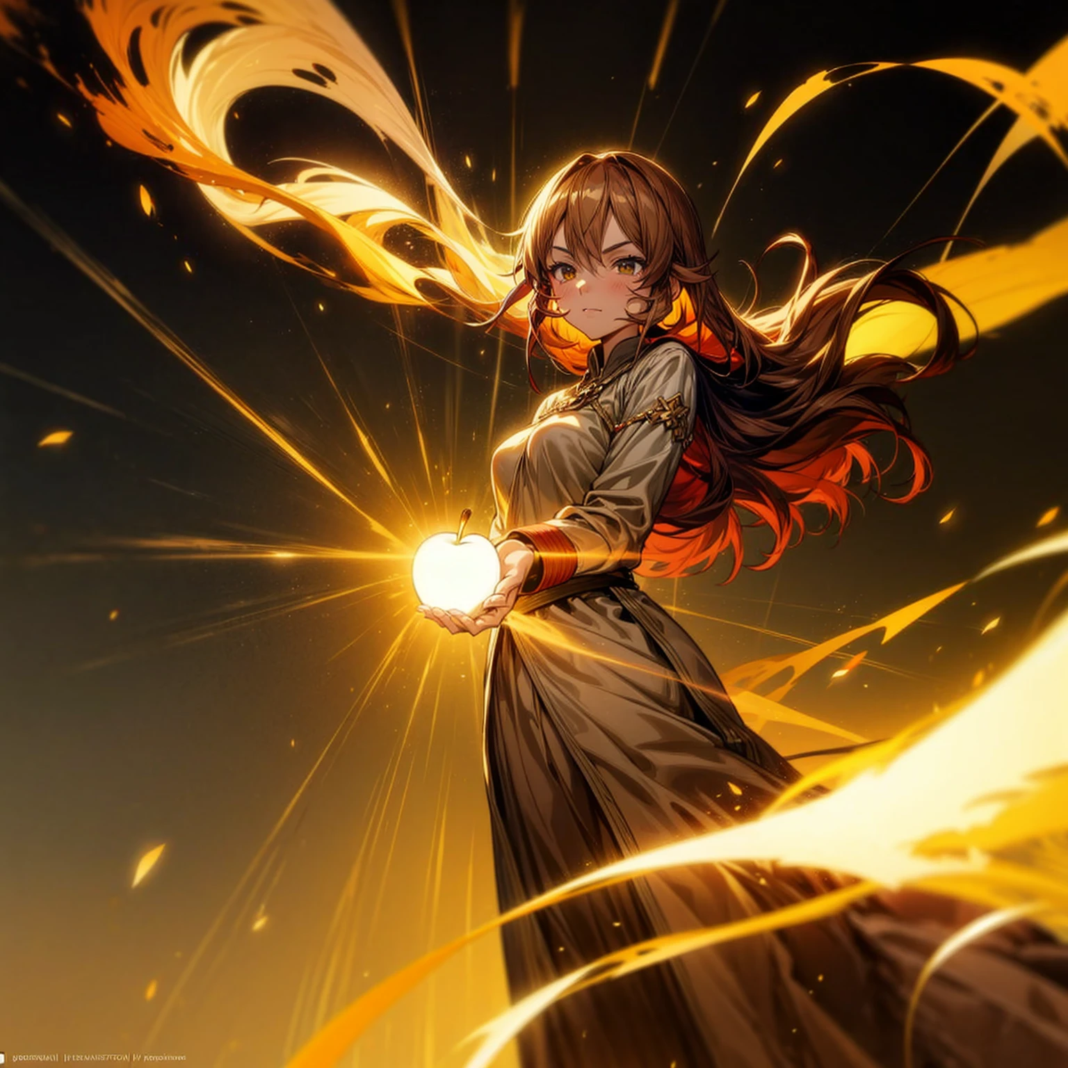 1girl, Full body version, 1character, adult version, green color eyes color, long haircut, brown colour hair, Happy expression, Bandage on his hand, medieval style clothing, gold Apple in hand, background in town, motion blur, aura effect, lighting gold Apple, smoke aura in hand, lighting fire, fire effect, sunlight, Light silhouette, golden light aura, apple emitting smoke aura, (pokemon style art)