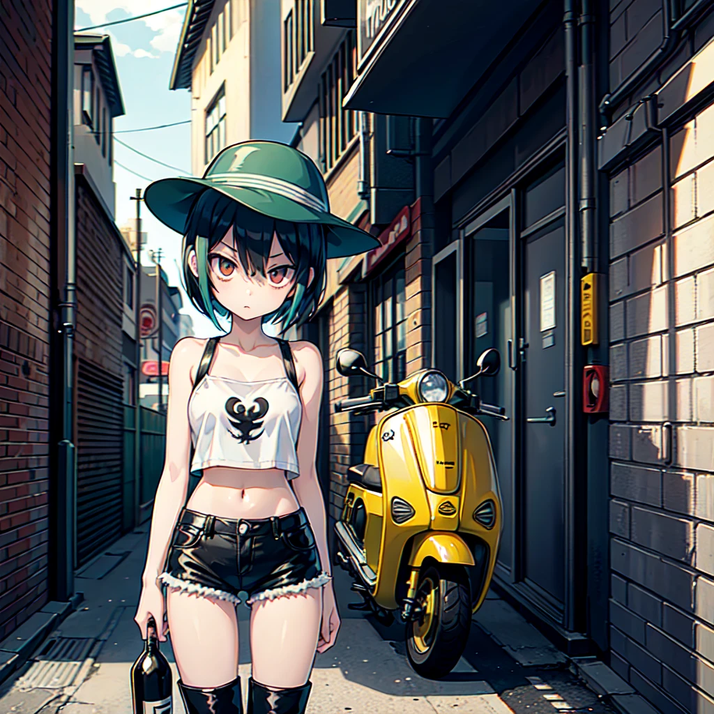 girl similar to gorillaz noodle, black short hair ((drawing)), ((anime girl nose)) ,A very thin girl, with extremely pale skin, wearing a white Bucket Hat. She is dressed in a collarless white crop top, exposing the strap of her black bikini, black tight shorts, and brown boots. She stands next to a vintage green Vespa motorcycle, holding an empty bottle. The setting is an urban alley, decorated with vibrant street art and graffiti on the brick walls. The alley is dimly lit, casting dramatic shadows and enhancing the dystopian atmosphere.